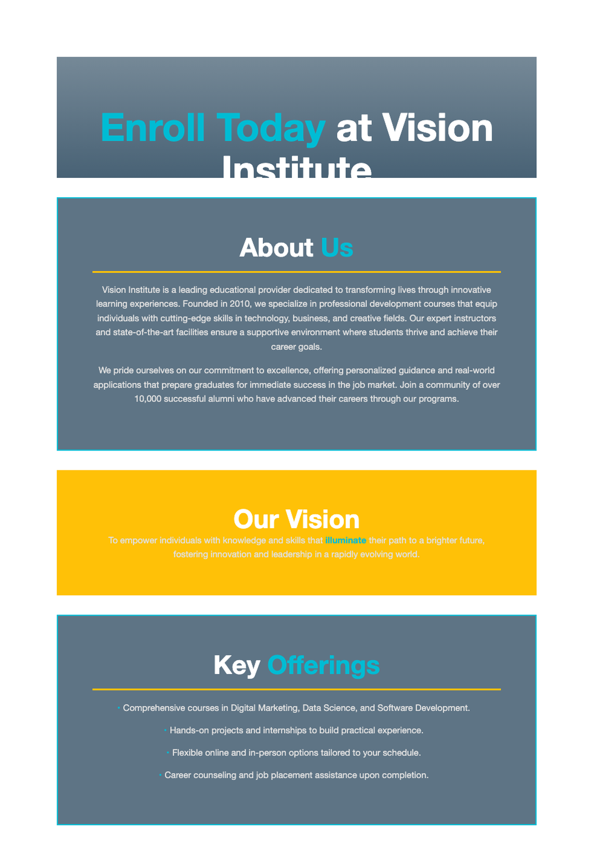 Double sided education brochure for Vision Institute with enrollment call to action and_variant_2